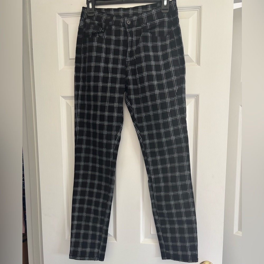 Black Plaid Straight-Leg Pants